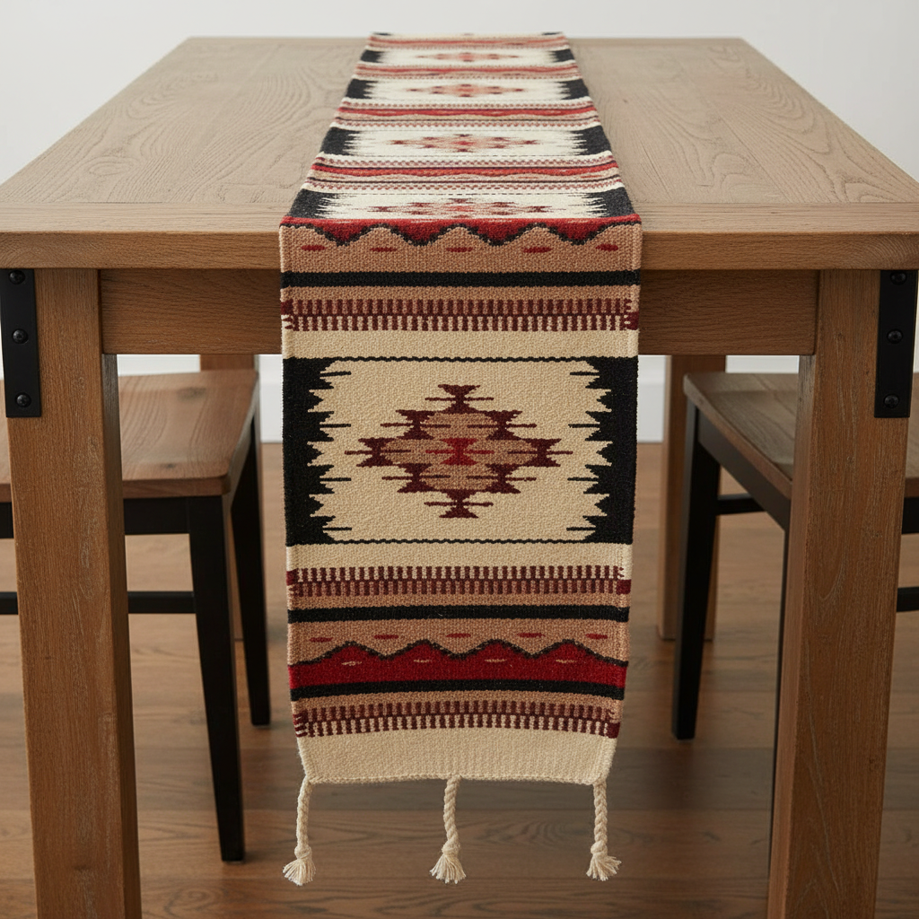 Patterned table runner on a wooden table with chairs in a room.