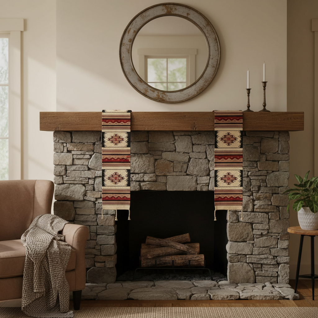 Stone fireplace with wooden mantel, decorative towels, and a round mirror above.