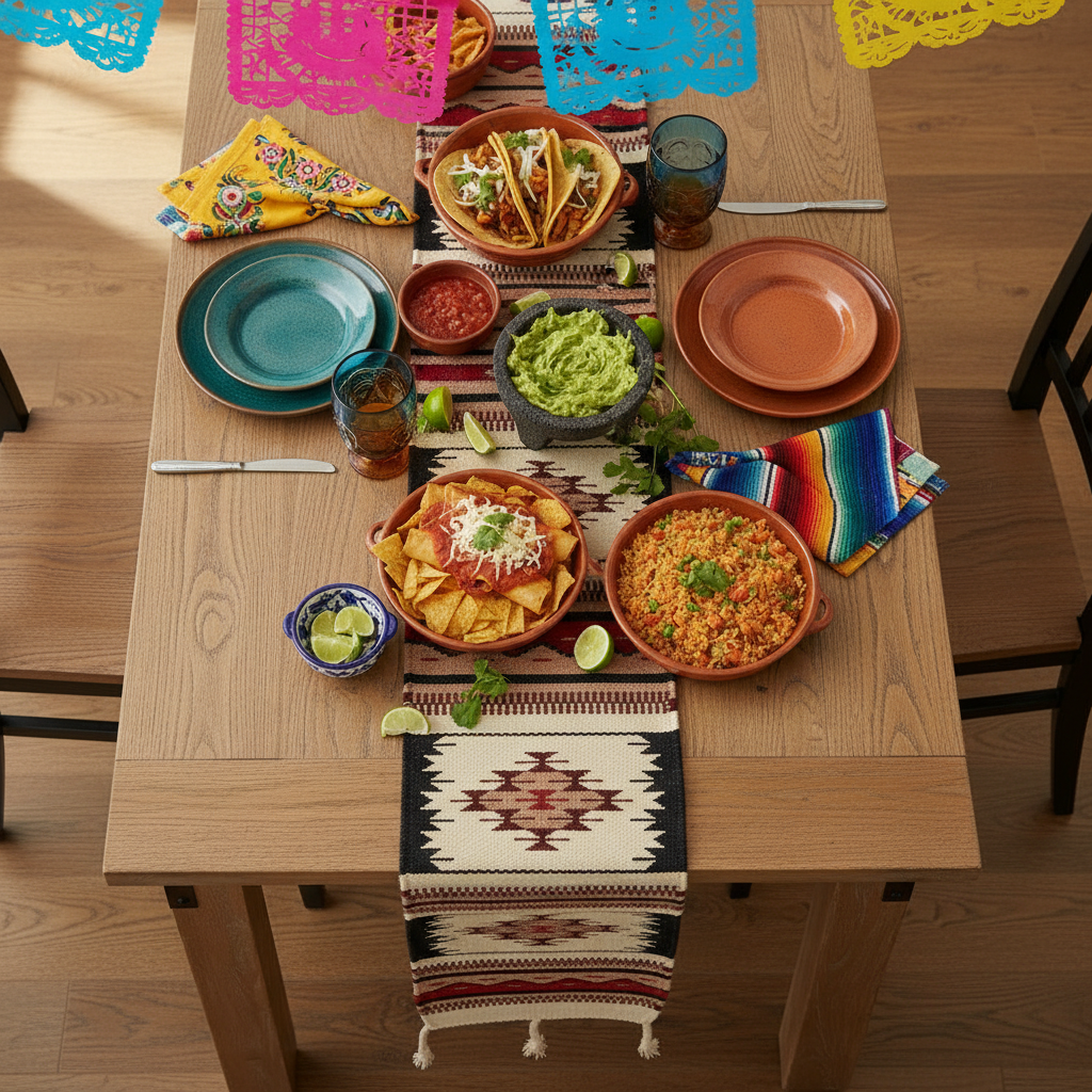 Dining table set with Mexican food including tacos, guacamole, and salsa on a wooden table.