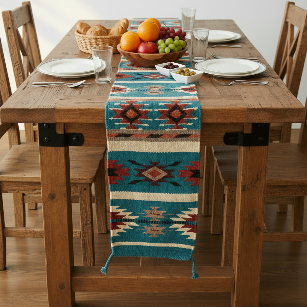 Mayan mexican style table runner on table with breakfast food
