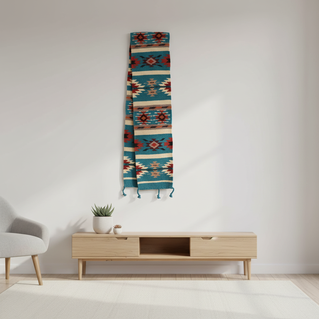 Decorative rug with geometric pattern hanging on a white wall above a wooden console table.