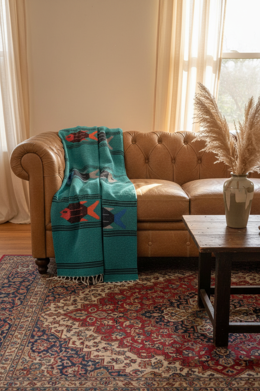 Teal Fish Blanket in living room on leather couch with patterned rug