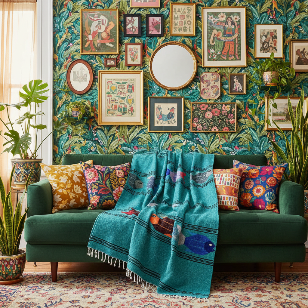Teal fish blanket in green living room with lots of pictures on the wall