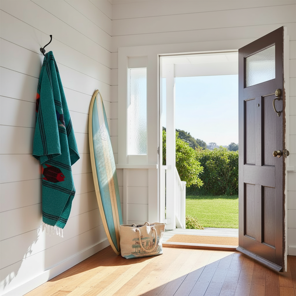 Traditional mexican fish design blanket hung up by the front door of a bungalow with a surfboard in the corner