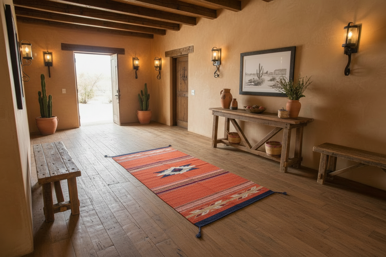Nestled room with a wooden bench, rug, and wall decor in a rustic setting.