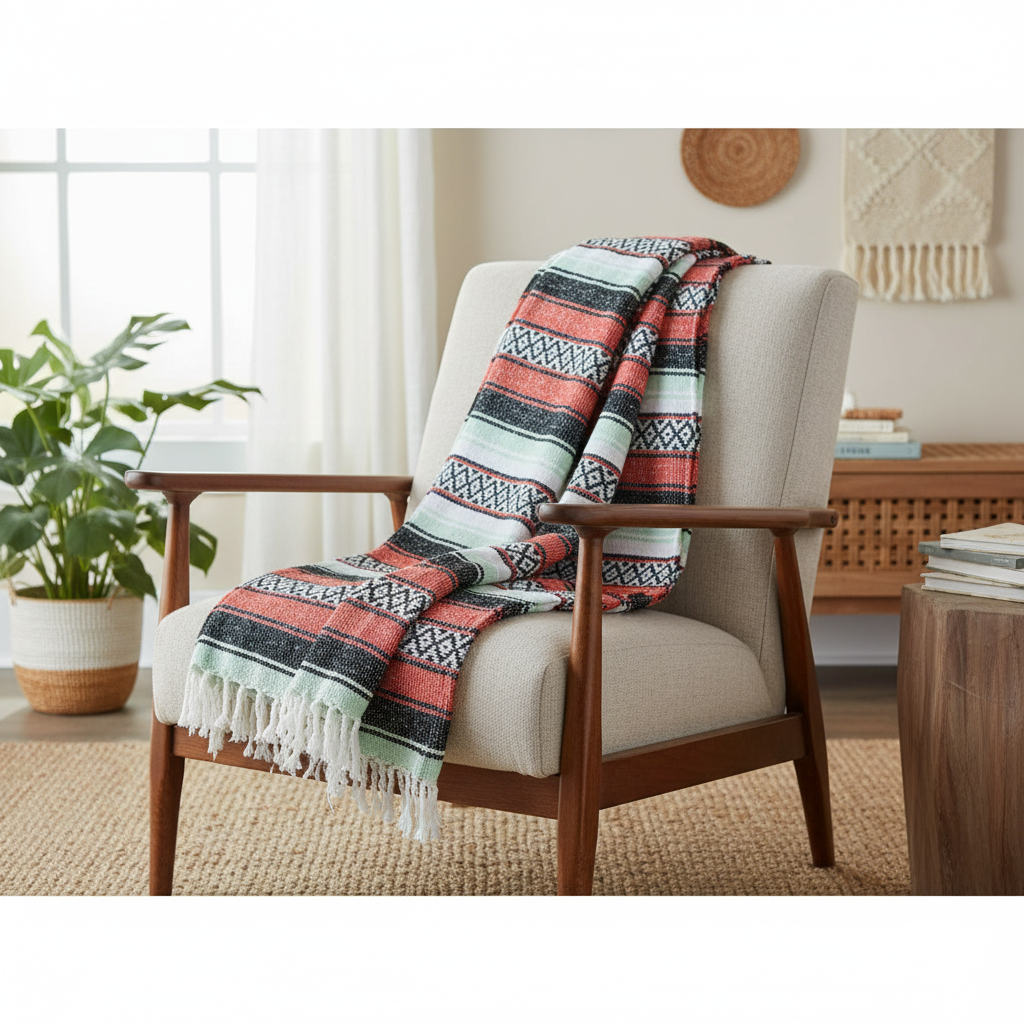 Decorative blanket with geometric pattern draped over a chair in a home setting