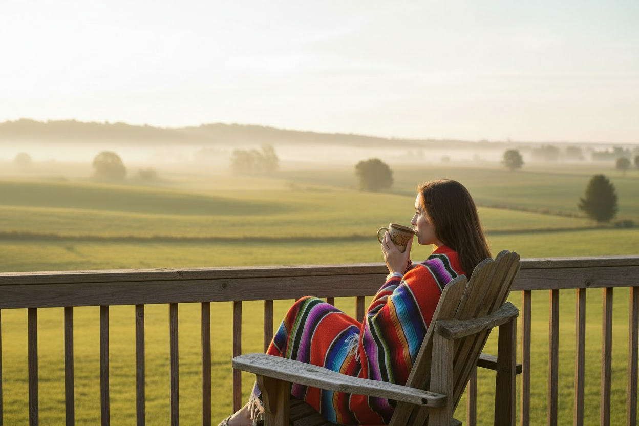 woman sitting on deck chair overlooking farmland on misty morning