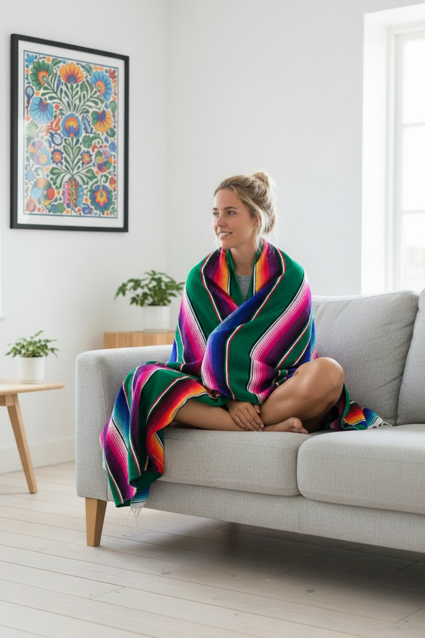 Woman with blanket, Mexican folk art on wall