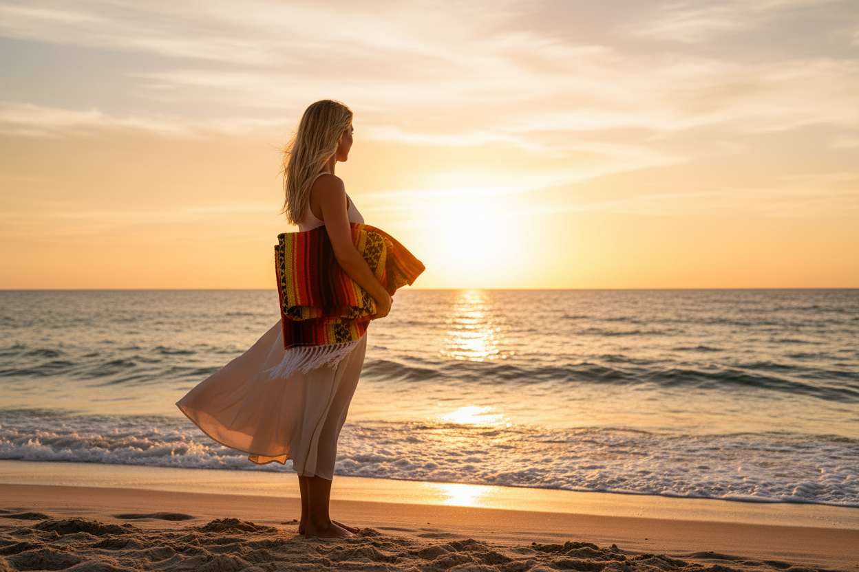 Woman holding a colorful towel on a beach at sunset