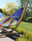 Rainbow coloured cotton hammock and free standing frame