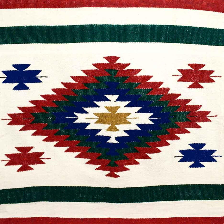 White Mexican blanket with colourful pattern