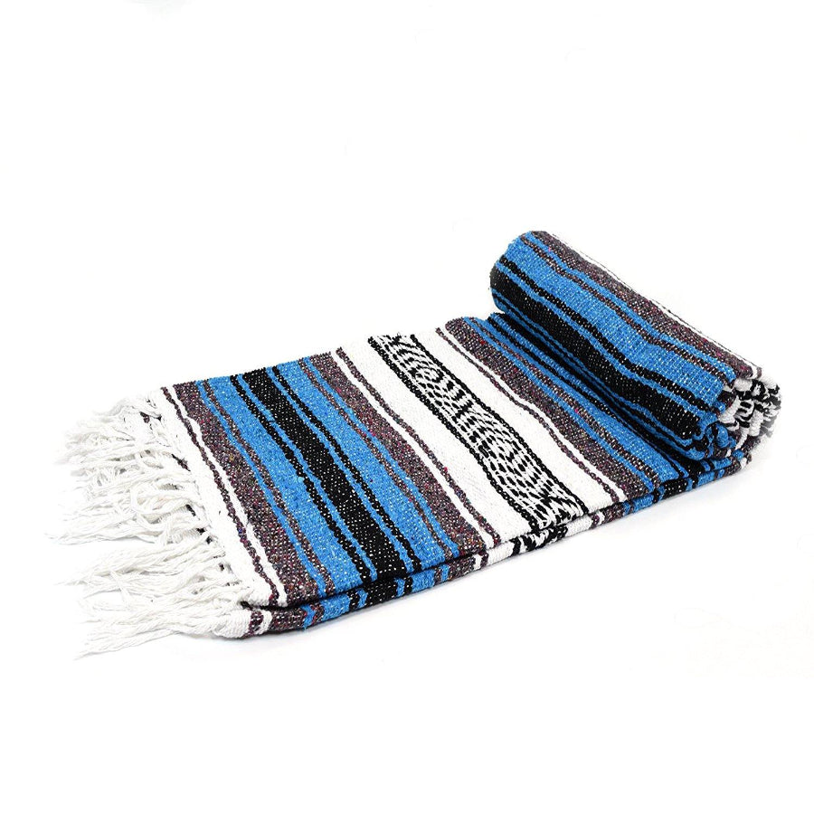 Striped blue, grey, white and black Mexican blanket