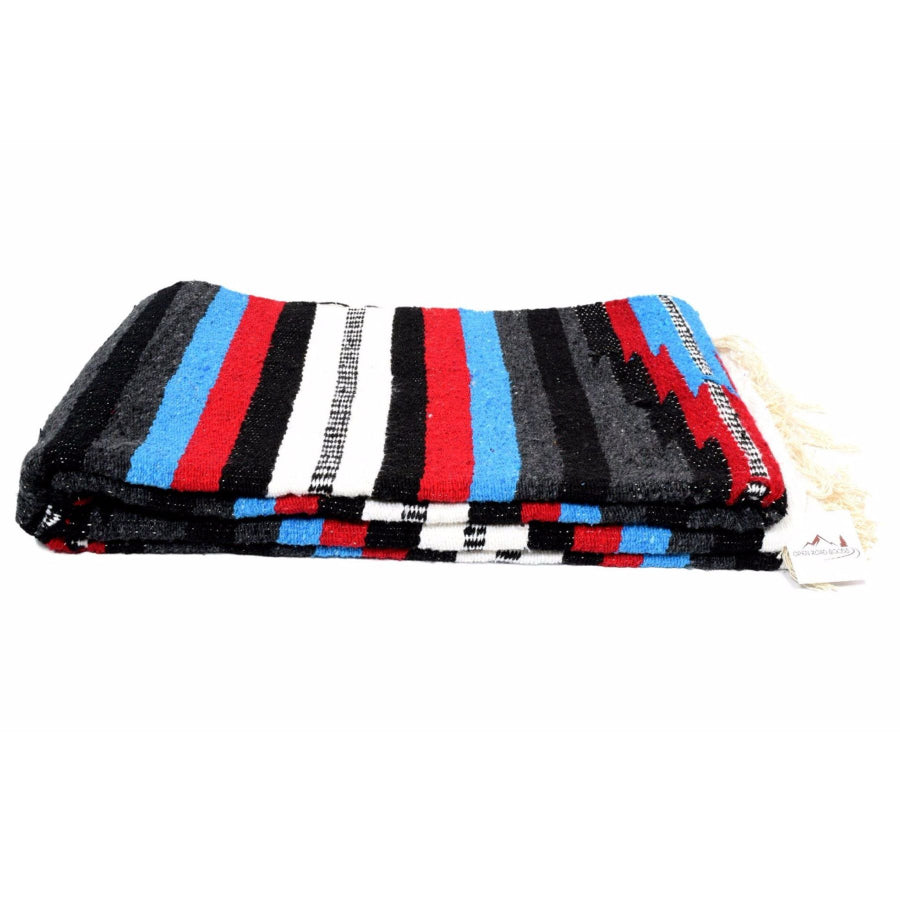 Blue, red, black and white Mexican blanket