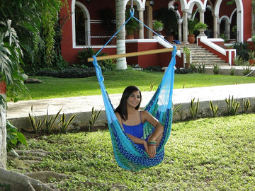 Woven blue and green Mexican hanging chair