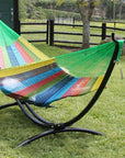Metal Arc hammock stand with queen coral hammock