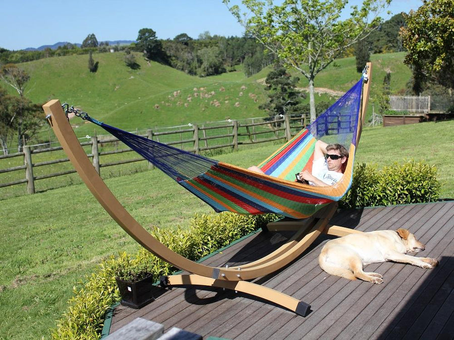 Metal hammock stand and woven cotton hammock