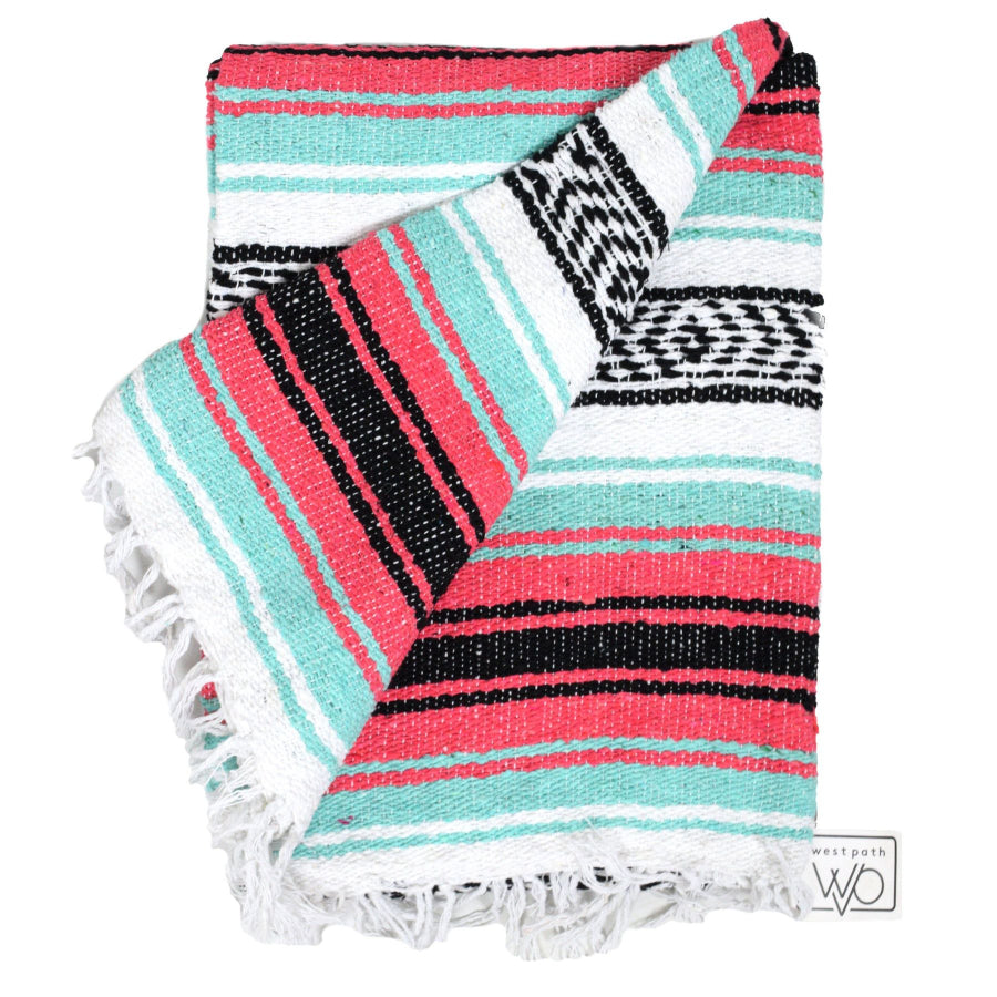 Mint and coral pink blanket - Mexican handloomed
