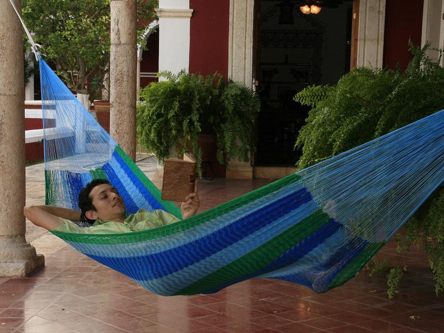 Blue and green woven hammock