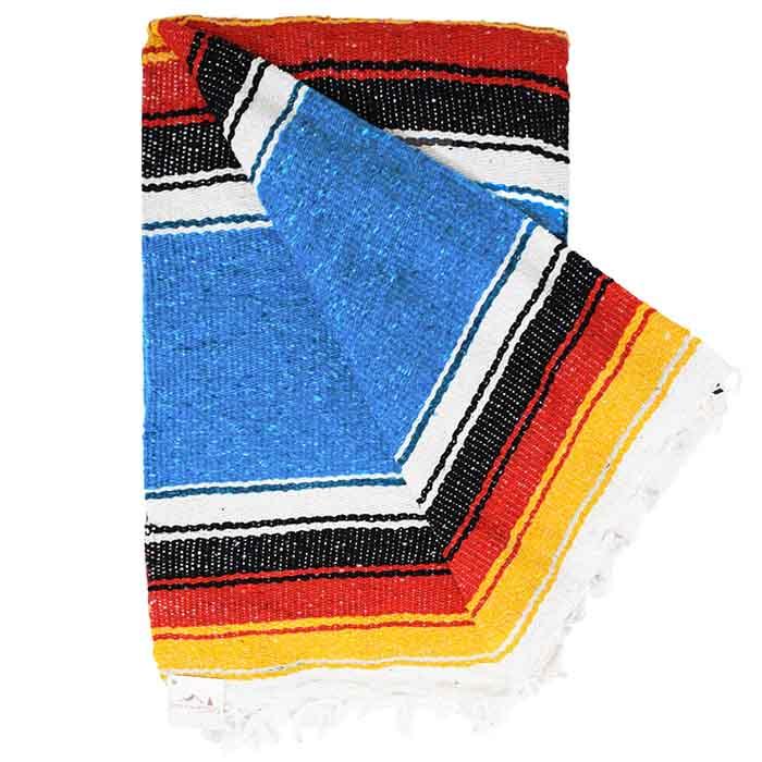 Woven Mexican blanket - blue and colourful stripes