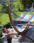 Curved Wooden Hammock Stand with Brightly Coloured Mexican Hammock