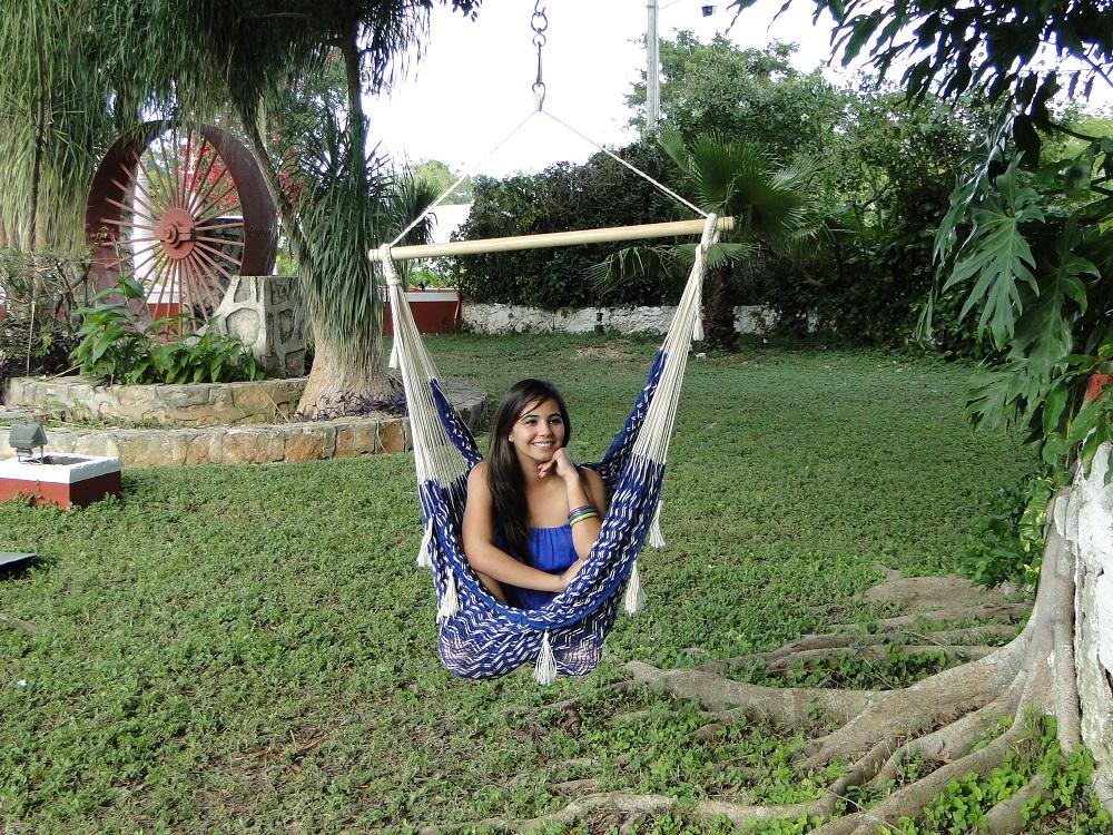 White and blue cotton hanging chair