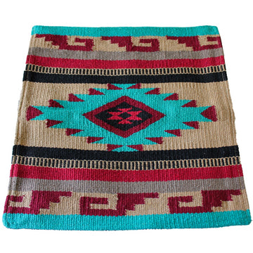 Aqua, tan and red Mexican style cushion cover