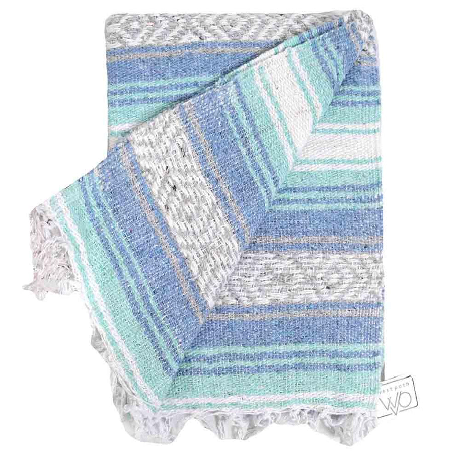 Striped Mexican falsa blanket in blue and green