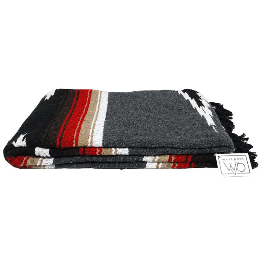 Mexican yoga or travel blanket in grey, blue, brown, red and white colours